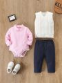 3pcs/Set Casual Striped Turn-Down Collar Romper With Solid Color Sweater Vest And Long Pants For Baby Boys