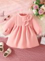 SHEIN Baby Girl Bow Front Lantern Sleeve Fold Pleated Detail Dress