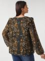 Pamile Plus Size Floral Print V-neck Long Sleeve Blouse