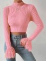 SHEIN Privé Mock Neck Fuzzy Cuff Crop Sweater