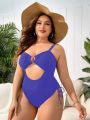 Plus Cut Out Drawstring Side Ring Linked One Piece Swimsuit