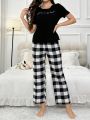 Ladies' Letter Printed Top & Checkered Pants Home Wear Set