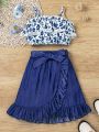 SHEIN Kids CHARMNG Little Girls' Sweet & Casual Floral Printed Lace Detail Cami Top And Wrap Skirt With Belt 3-Piece Outfit For Vacation