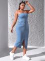 Women's Plus Size Split Front Denim Strapless Maxi Dress