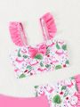 Young Girl's Swimsuit Set With Plant Print And Bow Decoration