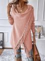 SHEIN LUNE Women's V-neckline Fringe Trim Shawl Collar Open Front Cardigan