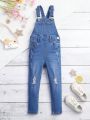 Young Girl Ripped Frayed Denim Overall Jumpsuit