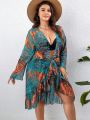 Plus Tropical Print Ruffle Trim Belted Kimono