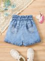 SHEIN Kids QTFun Young Girl Denim Effect Print Ruffle Waist Unicorn Print Shorts