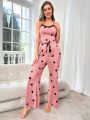 Heart Print Cami Top And Long Pants Pajama Set