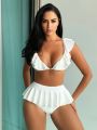 SHEIN Swim Chicsea Women's Solid Color Ruffle Edge Swimwear Set