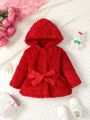 Women'S & Baby Girls' Casual Warm Plush Hooded Waist-Tied Coat With Heart Pattern For Autumn/Winter