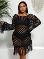 SHEIN Swim BohoFeel 1pc Plus Size Knitted Cover Up Dress With Fringe Decoration And Hollow Out Design