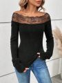 SHEIN LUNE Women's Black Knitted Sweater With Lace Splicing