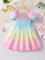 SHEIN Kids QTFun Toddler Girls Unicorn Print Ombre Puff Sleeve Dress