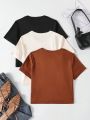 3pcs Teen Girl Solid Round Neck Tee