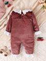 Baby Girl Contrast Eyelet Embroidery Ruffle Trim Flounce Sleeve Bow Front Velvet Jumpsuit