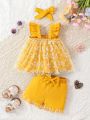 Baby Girl'S Cute And Elegant Flower Mesh, Lace Ruffle Top And Shorts Set For Summer