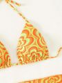 Allover Floral Print Halter Triangle Bikini Swimsuit With Beach Skirt