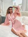 Fuzzy Trim Belted Mesh Sleep Robe Without Lingerie