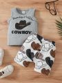 Baby Boy's Cute Casual Denim Hat Printed Vest Top And Shorts Set For Summer