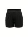 Women's Plus Size Plain Shorts With Diagonal Pockets And Slit Hem