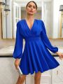 SHEIN Privé Women's Deep V-neck Long Sleeve Blue Dress