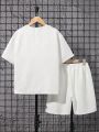 SHEIN Kids Academe Tween Boys' Letter Applique Short Sleeve T-Shirt And Shorts Two Piece Set