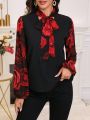 SHEIN LUNE Floral Print Patchwork Collar Tie Front Long Sleeve Shirt