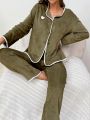 Ladies' Simple Style Heart Shaped Pattern Green Pajama Set With White Trim Shirt And Long Pants