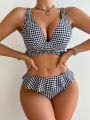 SHEIN DD+ Women'S Two Tone Gingham Ruffle Hem Two Piece Swimsuit Set