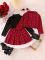SHEIN Kids FANZEY Young Girl 3pcs/Set Vintage, Fashionable And Elegant -Inspired Woollen Jacket And Grid Underwear Sweatshirt And Skirt Set, Autumn And Winter