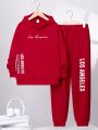 SHEIN Kids SPRTY Boys' Loose Sports Hooded Slogan Pattern Sweatshirt And Sweatpants Two-piece Set