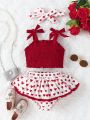 Infant Girls' Cute Stylish Ruffled Suspender Vest Top And Heart Printed Half Skirt Set