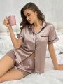 Women'S Color Blocking Hem Short Sleeve Shirt And Shorts Pajama Set