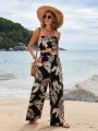 SHEIN VCAY Tropical Printed Strapless Top And Pants Two-piece Set