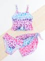 Young Girls' Leopard Print Halter Neck Vest Style Bikini Set With Separated Bottoms, 3pcs