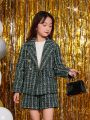 SHEIN Kids KDOMO Tween Girl Plaid Pattern Double Breasted Tweed Blazer & Shorts