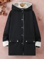 Tween Girl 1pc Flap Pocket Teddy Lined Hooded Coat