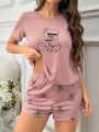 Bear Printed Short Sleeve Top And Shorts Pajamas Set