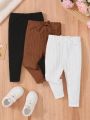 SHEIN 3pcs Baby Girls' Casual Knitted Elastic Waist Slim Fit Solid Color Long Pants Set