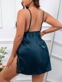 Plus Size Sexy Lingerie Dress With Slit Hem And Lace Splice Cami Strap Nightgown