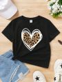 Tween Girls' Casual Leopard Print Heart Pattern Short Sleeve T-Shirt, Suitable For Summer