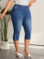 SHEIN LUNE Women's Plus Size Water Washed Skinny Buttoned 3/4 Length Jeans