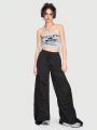 ROMWE Grunge Punk Women's Skull & Letter Printed Strapless Crop Top With Drawstring