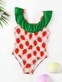 Baby Girl Strawberry Print Ruffle Trim One Piece Swimsuit