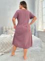 Plus Size Women's Round Neck Hollow Out Striped Short Sleeve Nightdress