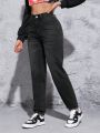 SHEIN PETITE Women's Cat Whisker Design Straight Leg Jeans