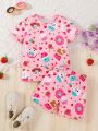 SHEIN Kids EVRYDAY Young Girl Cute Donut Printed Short Sleeve T-Shirt And Shorts Set With Round Neck For Summer