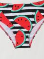 Tween Girls' Solid Color Top, Striped Watermelon Printed Bottoms, Swimsuit Set